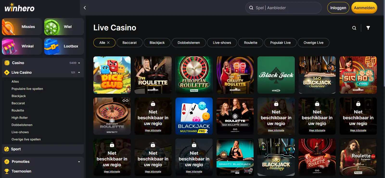 Actuele weergave van de Winhero live casino lobby
