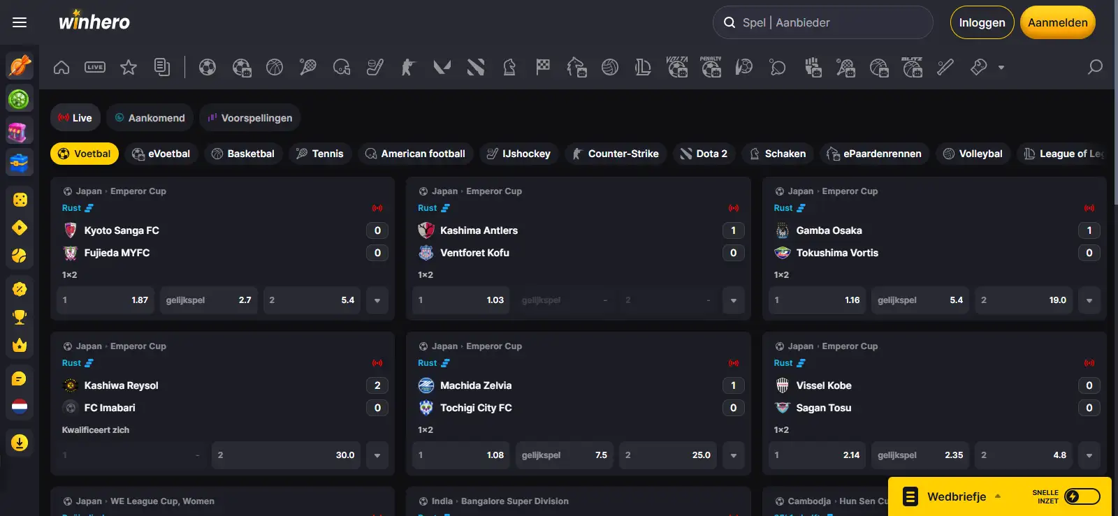 Actuele weergave van de Winhero sportsbookinterface