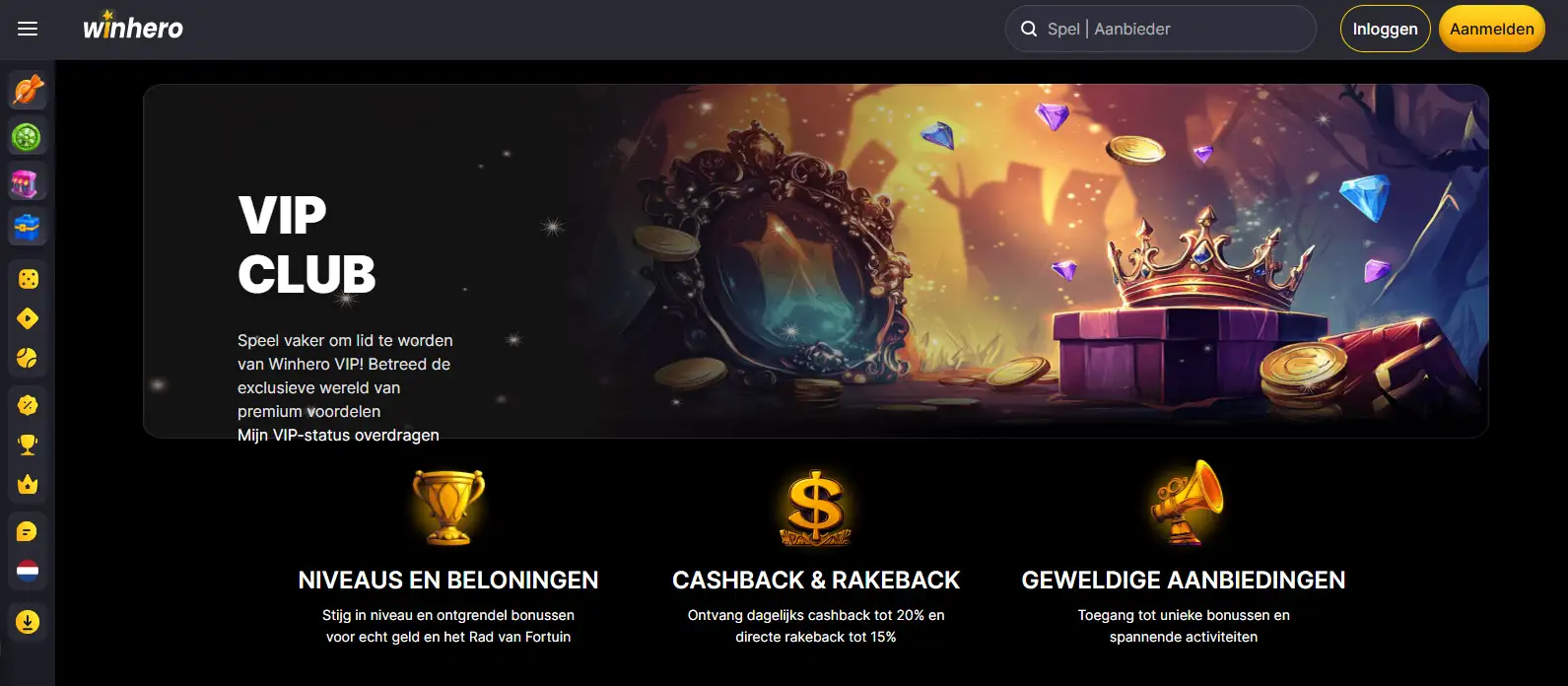 Winhero VIP Club pagina met niveaus en voordelen