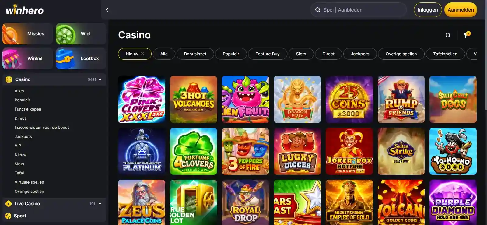 Actuele weergave van de Winhero casino lobby